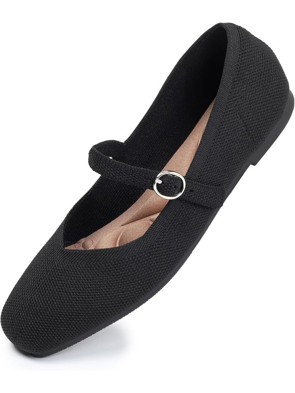 🆕Women's Black Knit Mary Jane Ballet Flats Square Toe Comfort Dressy Shoes
